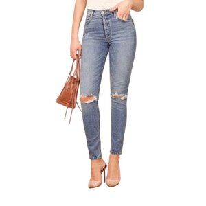 Reformation High Waisted Button Fly Size 27‎ Serena Distressed Skinny Jeans
